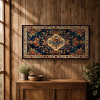 Panoramic artwork inspired by a traditional Persian rug featuring an ornate central medallion with a peacock motif surrounded by dense floral patterns and intricate symmetrical borders. Deep navy, gold, and red tones fill the carpet design with repeating ornamental motifs typical of classic Persian textile craftsmanship.