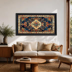 Panoramic artwork inspired by a traditional Persian rug featuring an ornate central medallion with a peacock motif surrounded by dense floral patterns and intricate symmetrical borders. Deep navy, gold, and red tones fill the carpet design with repeating ornamental motifs typical of classic Persian textile craftsmanship.