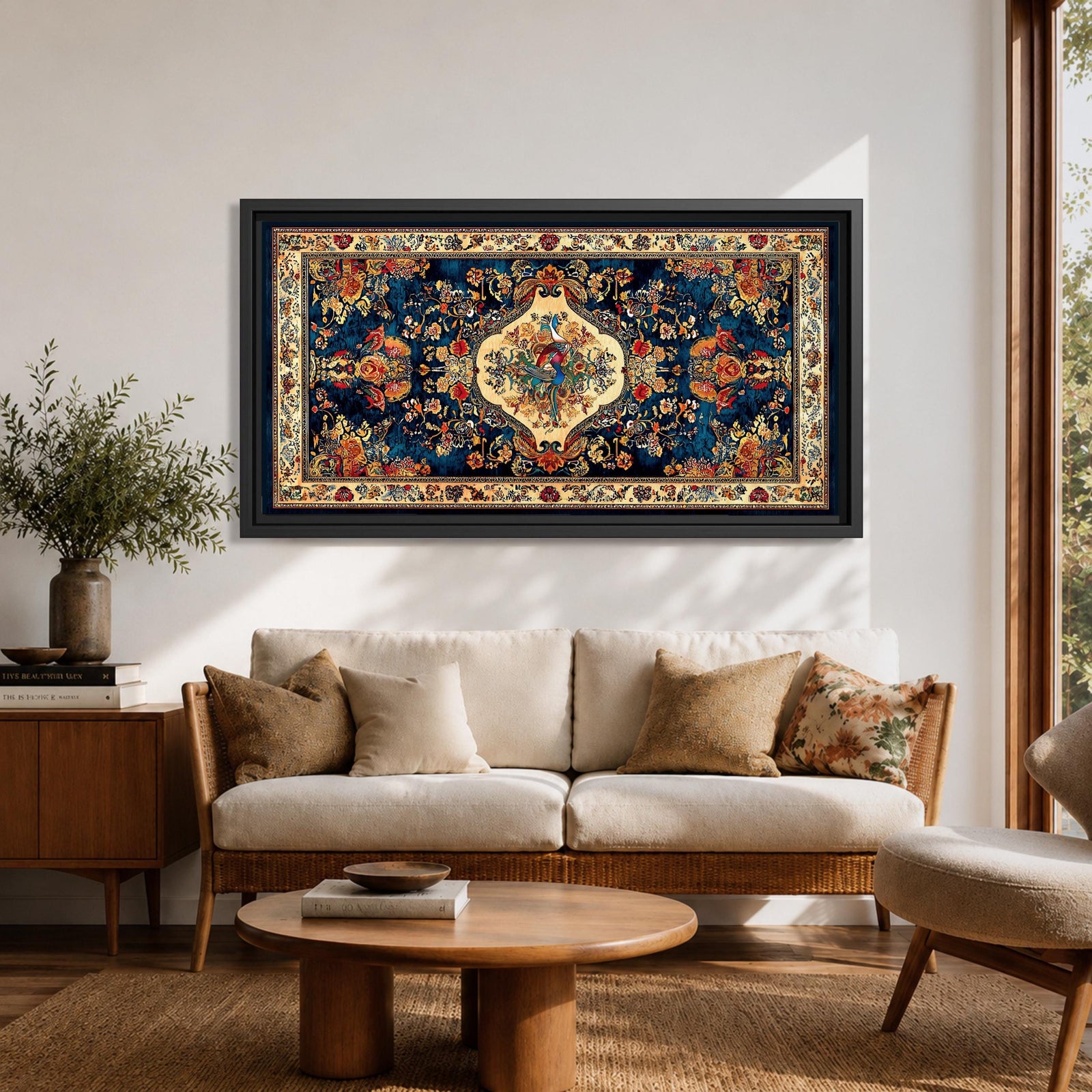 Panoramic artwork inspired by a traditional Persian rug featuring an ornate central medallion with a peacock motif surrounded by dense floral patterns and intricate symmetrical borders. Deep navy, gold, and red tones fill the carpet design with repeating ornamental motifs typical of classic Persian textile craftsmanship.