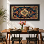 Panoramic artwork inspired by a traditional Persian rug featuring an ornate central medallion with a peacock motif surrounded by dense floral patterns and intricate symmetrical borders. Deep navy, gold, and red tones fill the carpet design with repeating ornamental motifs typical of classic Persian textile craftsmanship.