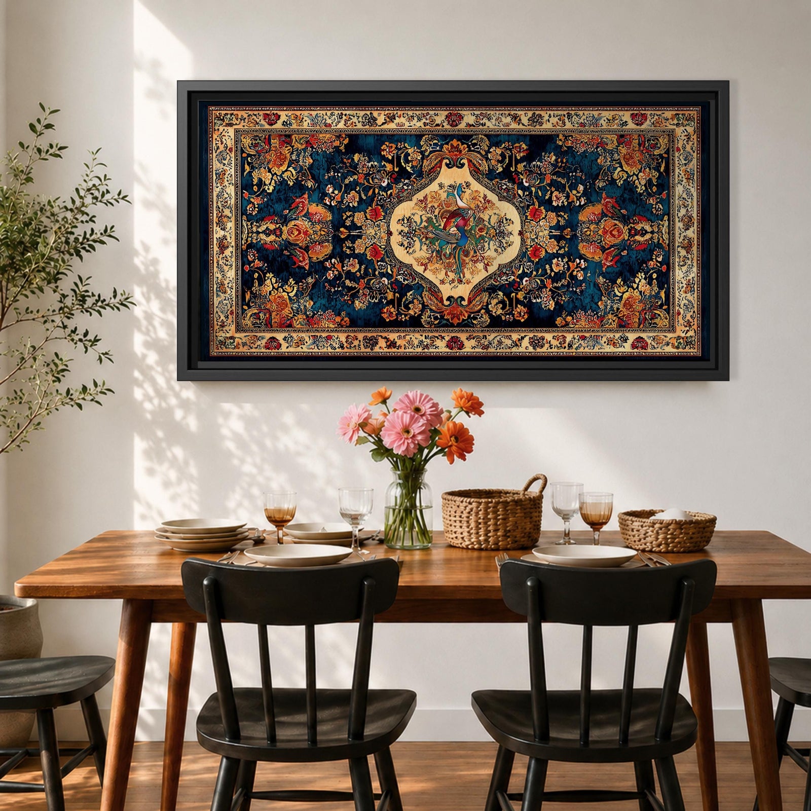 Panoramic artwork inspired by a traditional Persian rug featuring an ornate central medallion with a peacock motif surrounded by dense floral patterns and intricate symmetrical borders. Deep navy, gold, and red tones fill the carpet design with repeating ornamental motifs typical of classic Persian textile craftsmanship.