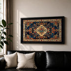 Panoramic artwork inspired by a traditional Persian rug featuring an ornate central medallion with a peacock motif surrounded by dense floral patterns and intricate symmetrical borders. Deep navy, gold, and red tones fill the carpet design with repeating ornamental motifs typical of classic Persian textile craftsmanship.