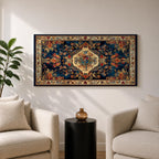 Panoramic artwork inspired by a traditional Persian rug featuring an ornate central medallion with a peacock motif surrounded by dense floral patterns and intricate symmetrical borders. Deep navy, gold, and red tones fill the carpet design with repeating ornamental motifs typical of classic Persian textile craftsmanship.