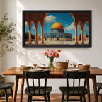Panoramic artwork depicting the Dome of the Rock with its golden dome rising above blue tiled walls and stone courtyard. The mosque is framed by tall historic arches and columns in the foreground while bright blue sky and soft clouds highlight the iconic Jerusalem Islamic landmark.