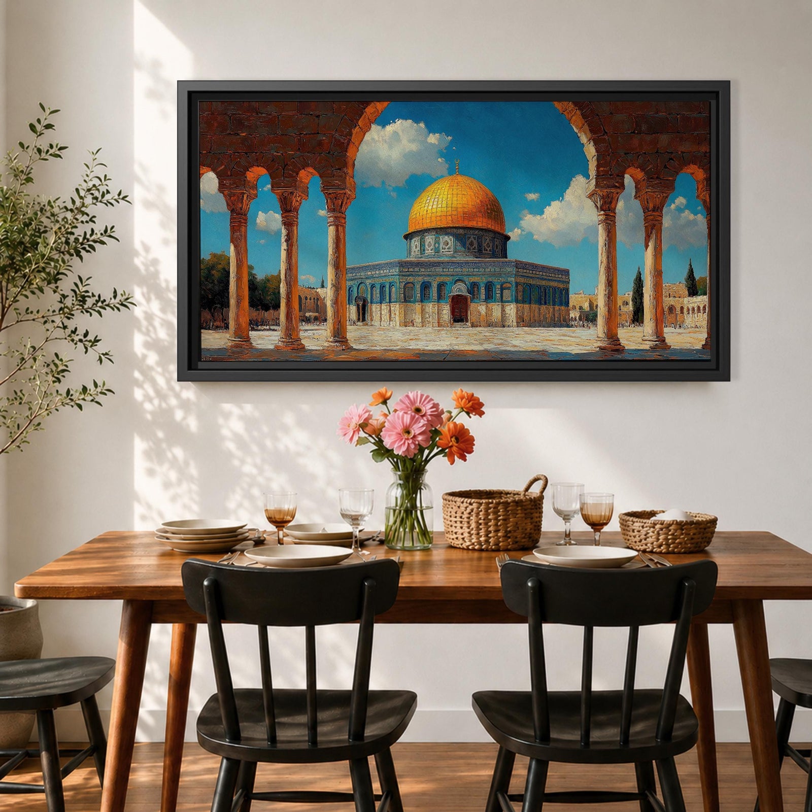 Panoramic artwork depicting the Dome of the Rock with its golden dome rising above blue tiled walls and stone courtyard. The mosque is framed by tall historic arches and columns in the foreground while bright blue sky and soft clouds highlight the iconic Jerusalem Islamic landmark.