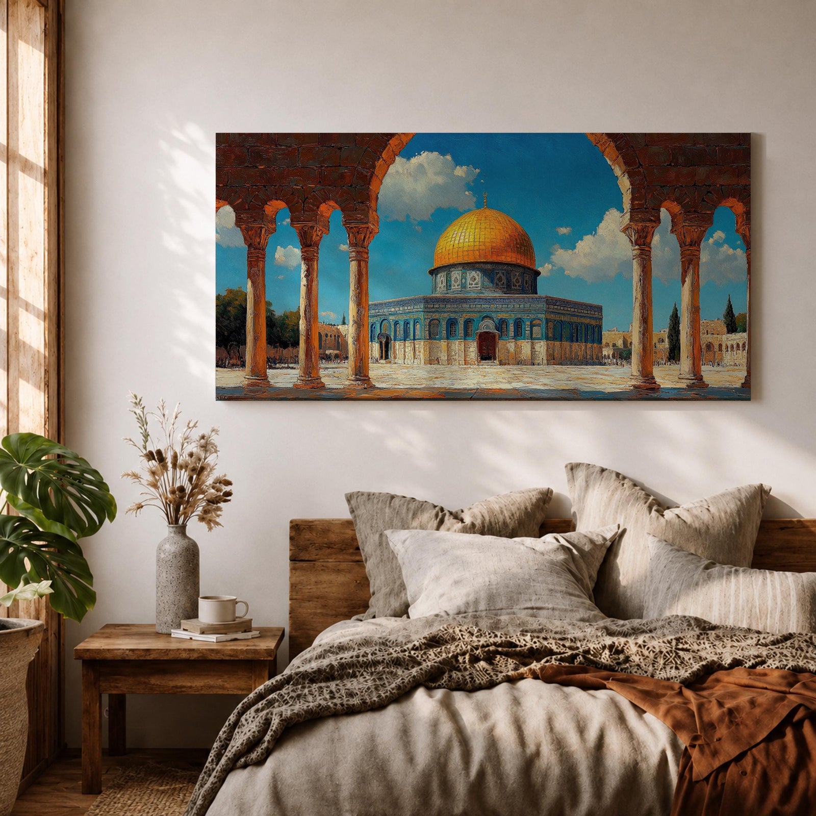 Panoramic artwork depicting the Dome of the Rock with its golden dome rising above blue tiled walls and stone courtyard. The mosque is framed by tall historic arches and columns in the foreground while bright blue sky and soft clouds highlight the iconic Jerusalem Islamic landmark.
