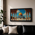 Panoramic artwork depicting the Dome of the Rock with its golden dome rising above blue tiled walls and stone courtyard. The mosque is framed by tall historic arches and columns in the foreground while bright blue sky and soft clouds highlight the iconic Jerusalem Islamic landmark.