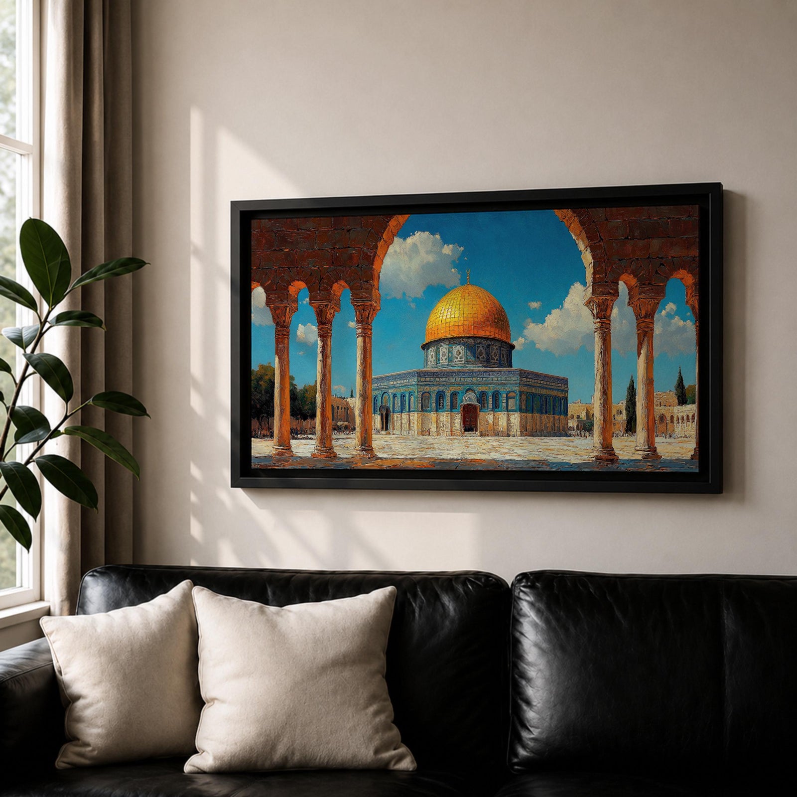 Panoramic artwork depicting the Dome of the Rock with its golden dome rising above blue tiled walls and stone courtyard. The mosque is framed by tall historic arches and columns in the foreground while bright blue sky and soft clouds highlight the iconic Jerusalem Islamic landmark.