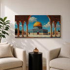 Panoramic artwork depicting the Dome of the Rock with its golden dome rising above blue tiled walls and stone courtyard. The mosque is framed by tall historic arches and columns in the foreground while bright blue sky and soft clouds highlight the iconic Jerusalem Islamic landmark.