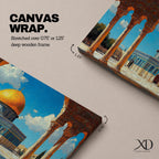 Panoramic artwork depicting the Dome of the Rock with its golden dome rising above blue tiled walls and stone courtyard. The mosque is framed by tall historic arches and columns in the foreground while bright blue sky and soft clouds highlight the iconic Jerusalem Islamic landmark.