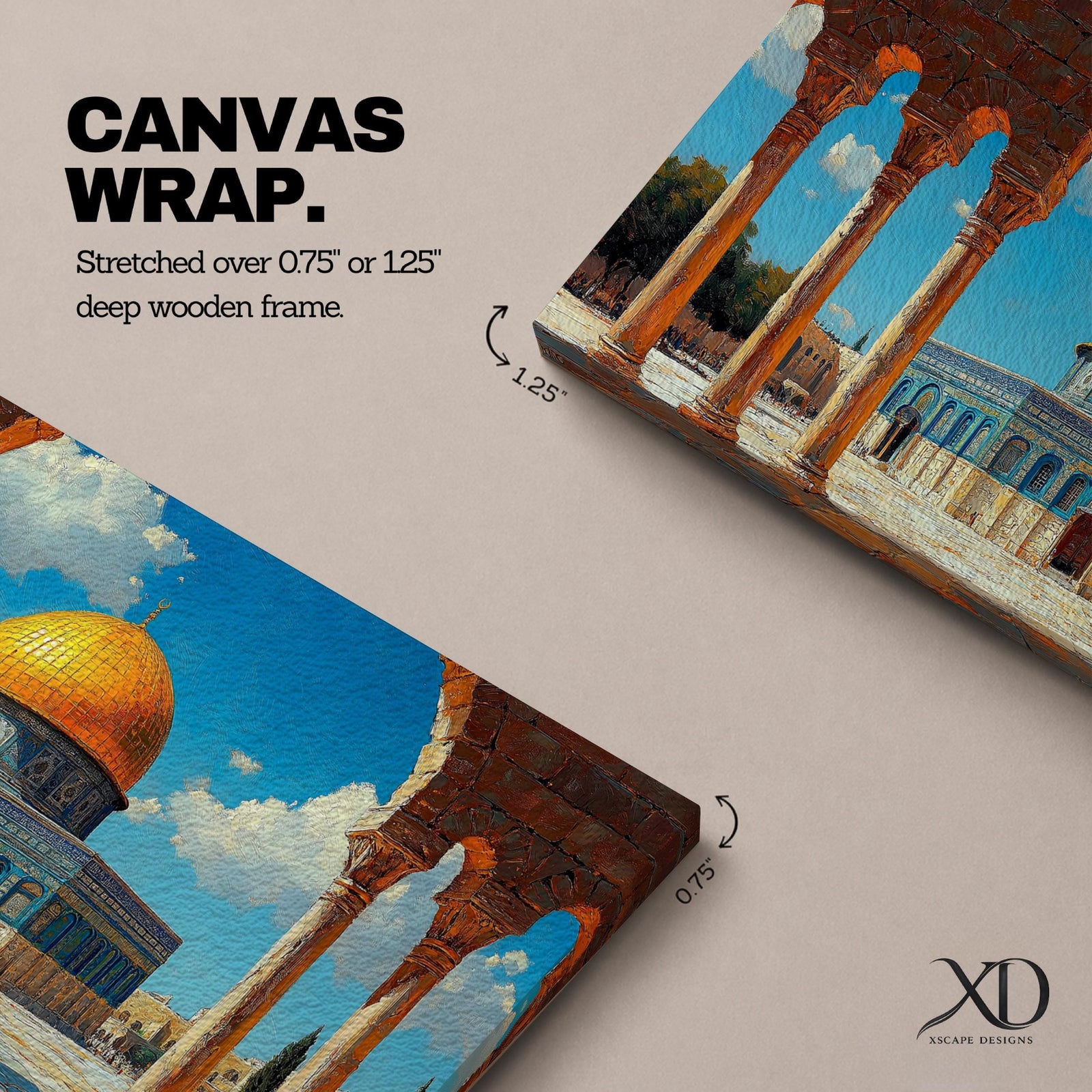 Panoramic artwork depicting the Dome of the Rock with its golden dome rising above blue tiled walls and stone courtyard. The mosque is framed by tall historic arches and columns in the foreground while bright blue sky and soft clouds highlight the iconic Jerusalem Islamic landmark.