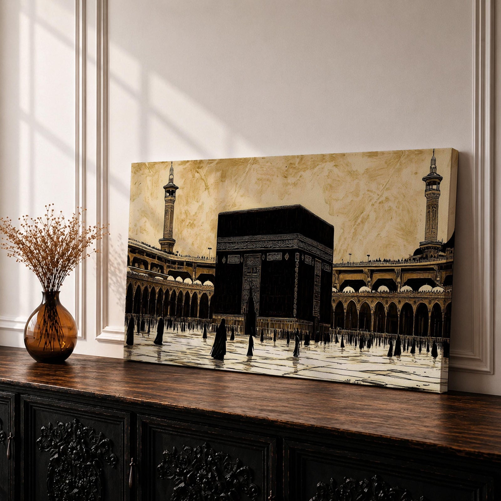 Panoramic artwork depicting the Kaaba at the center of Masjid Al Haram in Mecca surrounded by the mosque’s arcades and tall minarets. Pilgrims gather around the Kaaba across the bright courtyard floor while the dark cubic structure contrasts against the warm sky and detailed mosque architecture.