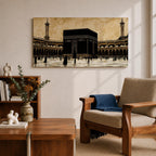 Panoramic artwork depicting the Kaaba at the center of Masjid Al Haram in Mecca surrounded by the mosque’s arcades and tall minarets. Pilgrims gather around the Kaaba across the bright courtyard floor while the dark cubic structure contrasts against the warm sky and detailed mosque architecture.