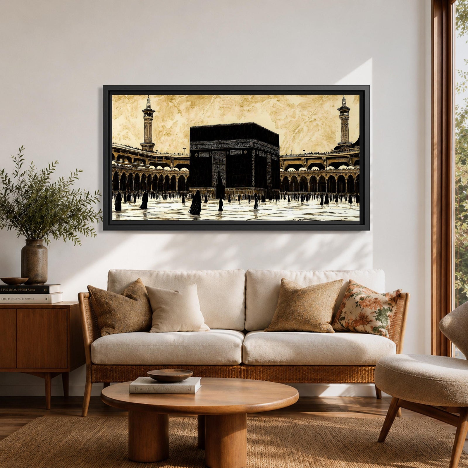 Panoramic artwork depicting the Kaaba at the center of Masjid Al Haram in Mecca surrounded by the mosque’s arcades and tall minarets. Pilgrims gather around the Kaaba across the bright courtyard floor while the dark cubic structure contrasts against the warm sky and detailed mosque architecture.