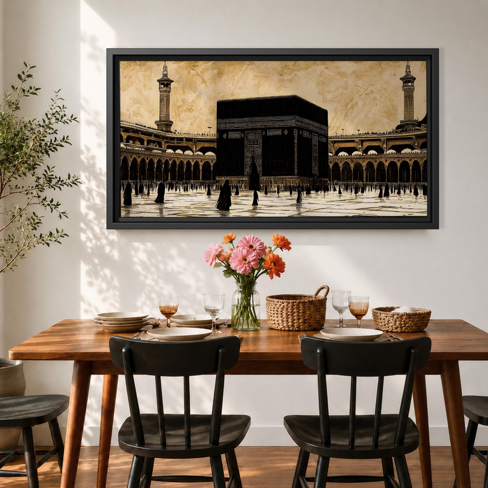Panoramic artwork depicting the Kaaba at the center of Masjid Al Haram in Mecca surrounded by the mosque’s arcades and tall minarets. Pilgrims gather around the Kaaba across the bright courtyard floor while the dark cubic structure contrasts against the warm sky and detailed mosque architecture.