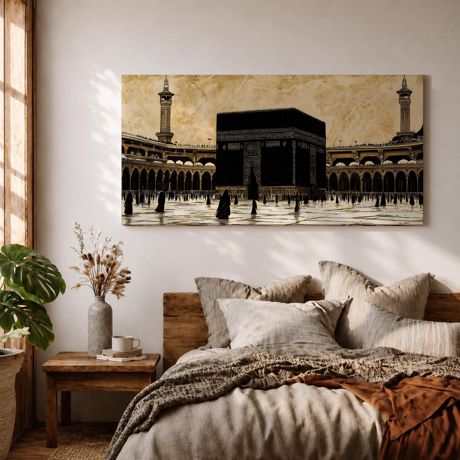 Panoramic artwork depicting the Kaaba at the center of Masjid Al Haram in Mecca surrounded by the mosque’s arcades and tall minarets. Pilgrims gather around the Kaaba across the bright courtyard floor while the dark cubic structure contrasts against the warm sky and detailed mosque architecture.