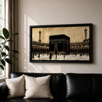 Panoramic artwork depicting the Kaaba at the center of Masjid Al Haram in Mecca surrounded by the mosque’s arcades and tall minarets. Pilgrims gather around the Kaaba across the bright courtyard floor while the dark cubic structure contrasts against the warm sky and detailed mosque architecture.