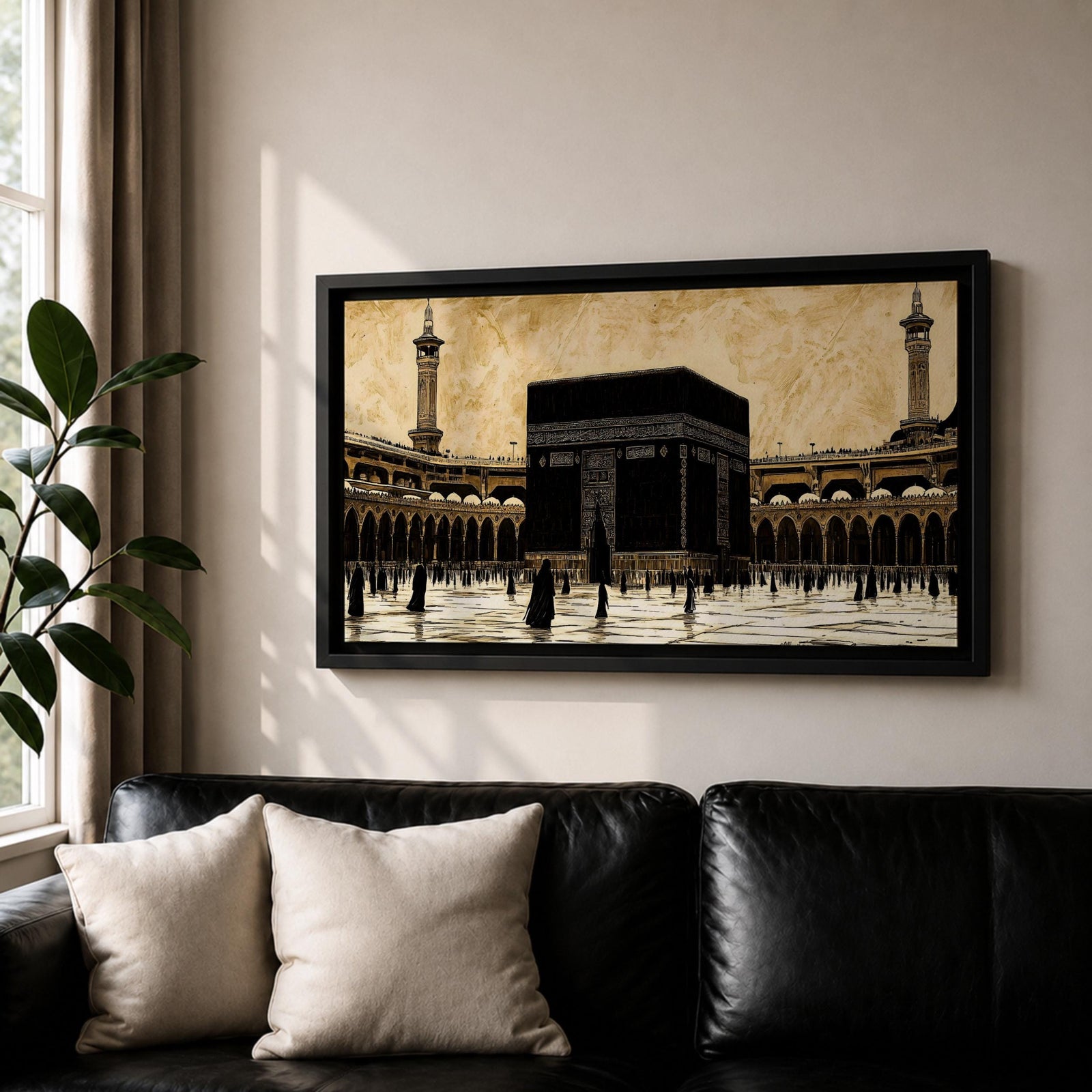 Panoramic artwork depicting the Kaaba at the center of Masjid Al Haram in Mecca surrounded by the mosque’s arcades and tall minarets. Pilgrims gather around the Kaaba across the bright courtyard floor while the dark cubic structure contrasts against the warm sky and detailed mosque architecture.