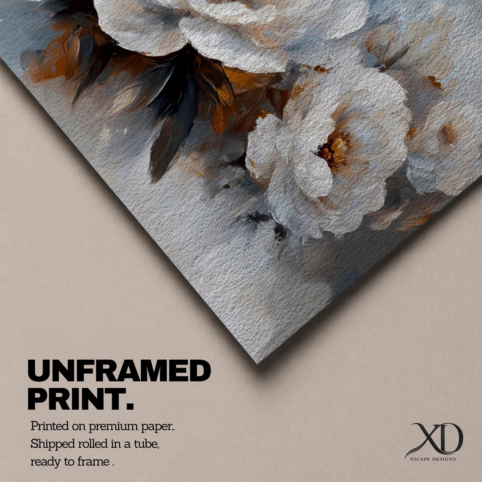 Panoramic floral painting featuring large white peony blossoms with layered petals and warm golden centers surrounded by soft leaves. Loose brushstrokes and muted gray blue tones create a soft background while the flowers form a flowing horizontal composition across the artwork.