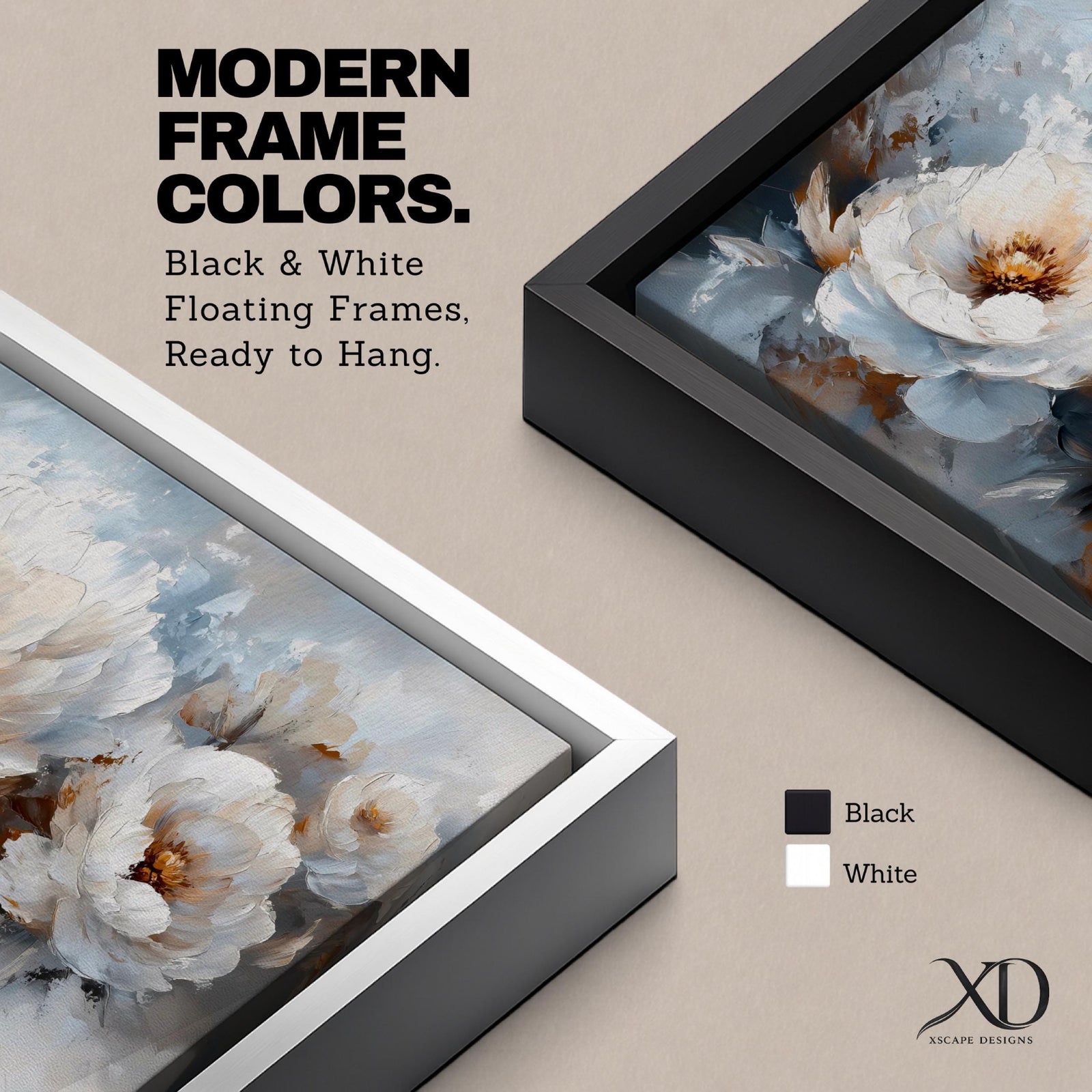Panoramic floral painting featuring large white peony blossoms with layered petals and warm golden centers surrounded by soft leaves. Loose brushstrokes and muted gray blue tones create a soft background while the flowers form a flowing horizontal composition across the artwork.