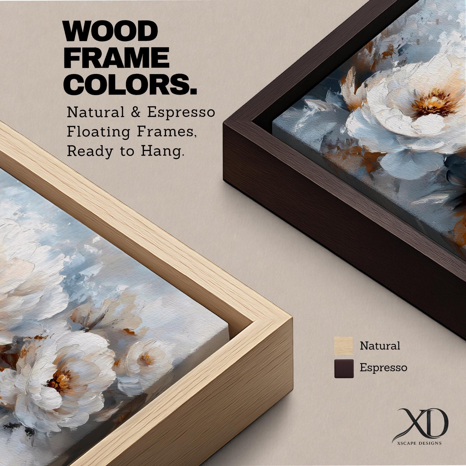 Panoramic floral painting featuring large white peony blossoms with layered petals and warm golden centers surrounded by soft leaves. Loose brushstrokes and muted gray blue tones create a soft background while the flowers form a flowing horizontal composition across the artwork.