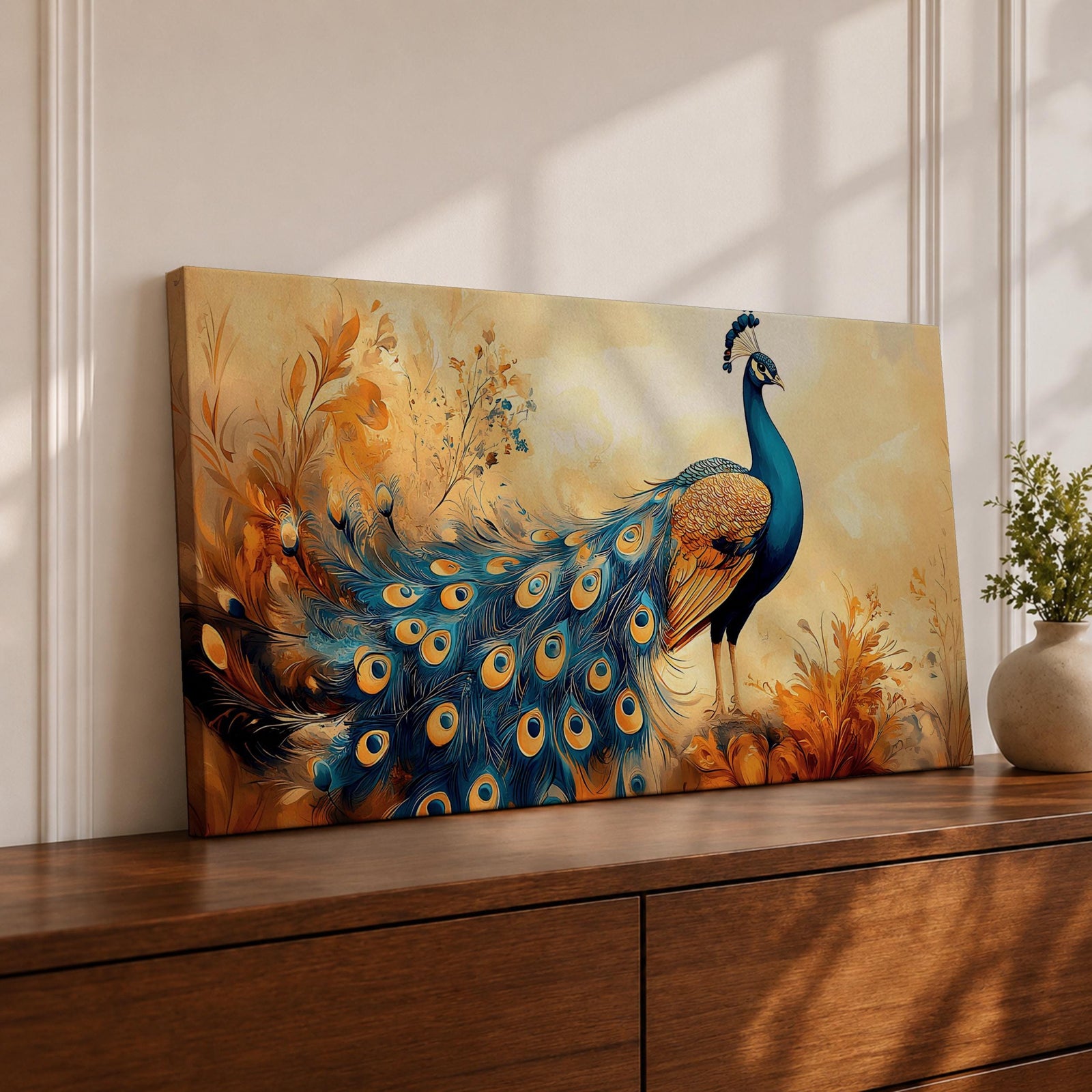 A panoramic painting of a peacock standing gracefully with a flowing tail of vivid blue and gold eye patterned feathers, surrounded by soft botanical foliage and warm golden tones, rendered with textured brushstrokes that emphasize the layered plumage and elegant form of the bird.