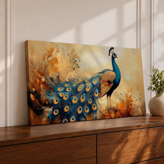 A panoramic painting of a peacock standing gracefully with a flowing tail of vivid blue and gold eye patterned feathers, surrounded by soft botanical foliage and warm golden tones, rendered with textured brushstrokes that emphasize the layered plumage and elegant form of the bird.
