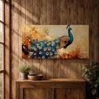 A panoramic painting of a peacock standing gracefully with a flowing tail of vivid blue and gold eye patterned feathers, surrounded by soft botanical foliage and warm golden tones, rendered with textured brushstrokes that emphasize the layered plumage and elegant form of the bird.