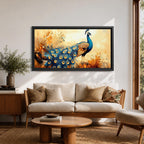 A panoramic painting of a peacock standing gracefully with a flowing tail of vivid blue and gold eye patterned feathers, surrounded by soft botanical foliage and warm golden tones, rendered with textured brushstrokes that emphasize the layered plumage and elegant form of the bird.
