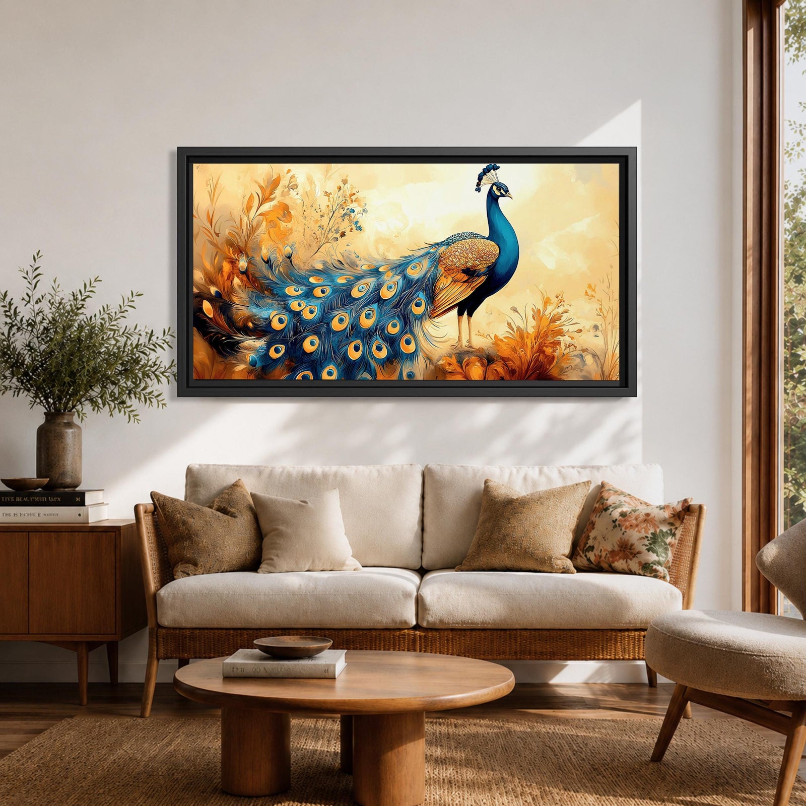 A panoramic painting of a peacock standing gracefully with a flowing tail of vivid blue and gold eye patterned feathers, surrounded by soft botanical foliage and warm golden tones, rendered with textured brushstrokes that emphasize the layered plumage and elegant form of the bird.