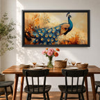 A panoramic painting of a peacock standing gracefully with a flowing tail of vivid blue and gold eye patterned feathers, surrounded by soft botanical foliage and warm golden tones, rendered with textured brushstrokes that emphasize the layered plumage and elegant form of the bird.