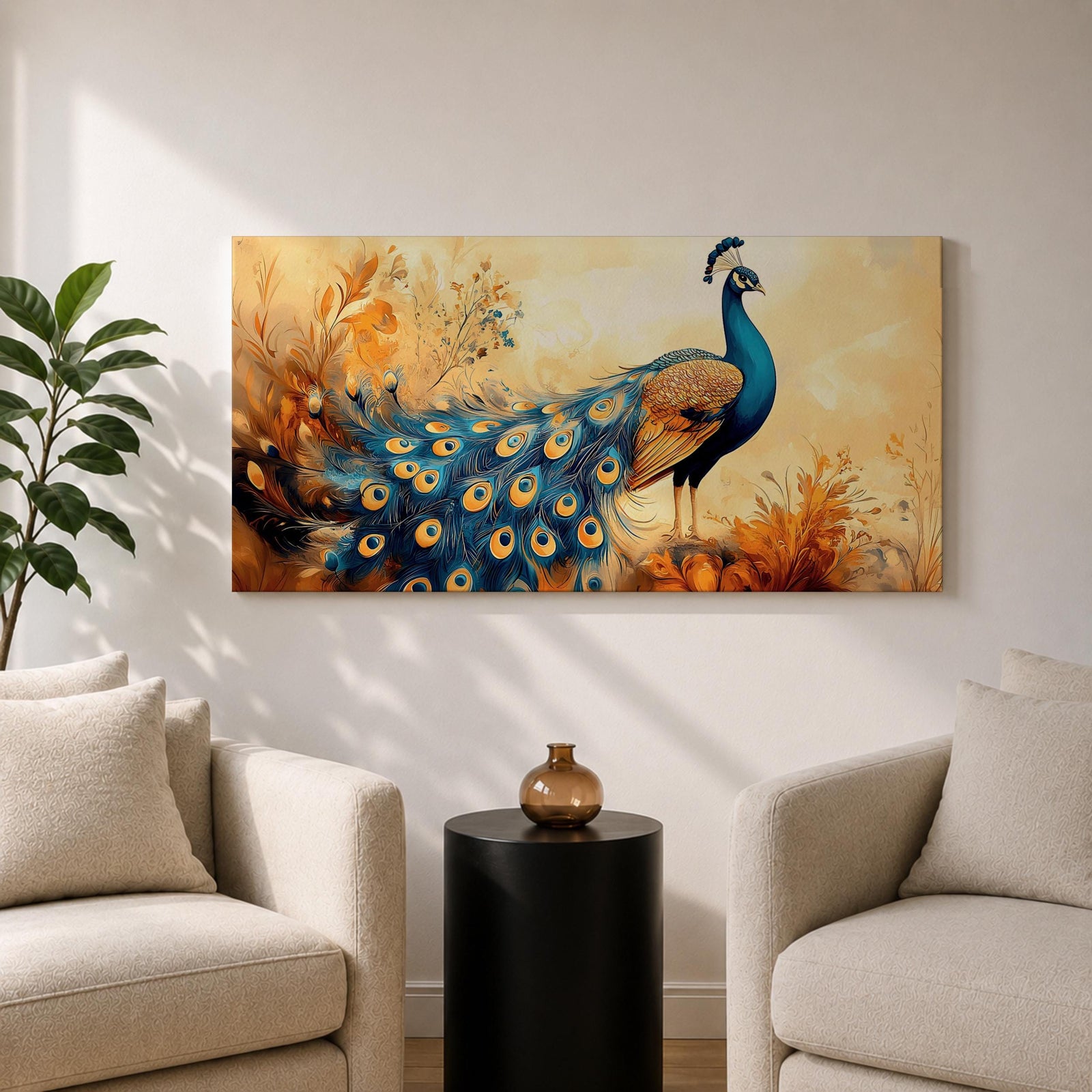 A panoramic painting of a peacock standing gracefully with a flowing tail of vivid blue and gold eye patterned feathers, surrounded by soft botanical foliage and warm golden tones, rendered with textured brushstrokes that emphasize the layered plumage and elegant form of the bird.