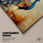 A panoramic painting of a peacock standing gracefully with a flowing tail of vivid blue and gold eye patterned feathers, surrounded by soft botanical foliage and warm golden tones, rendered with textured brushstrokes that emphasize the layered plumage and elegant form of the bird.