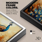 A panoramic painting of a peacock standing gracefully with a flowing tail of vivid blue and gold eye patterned feathers, surrounded by soft botanical foliage and warm golden tones, rendered with textured brushstrokes that emphasize the layered plumage and elegant form of the bird.