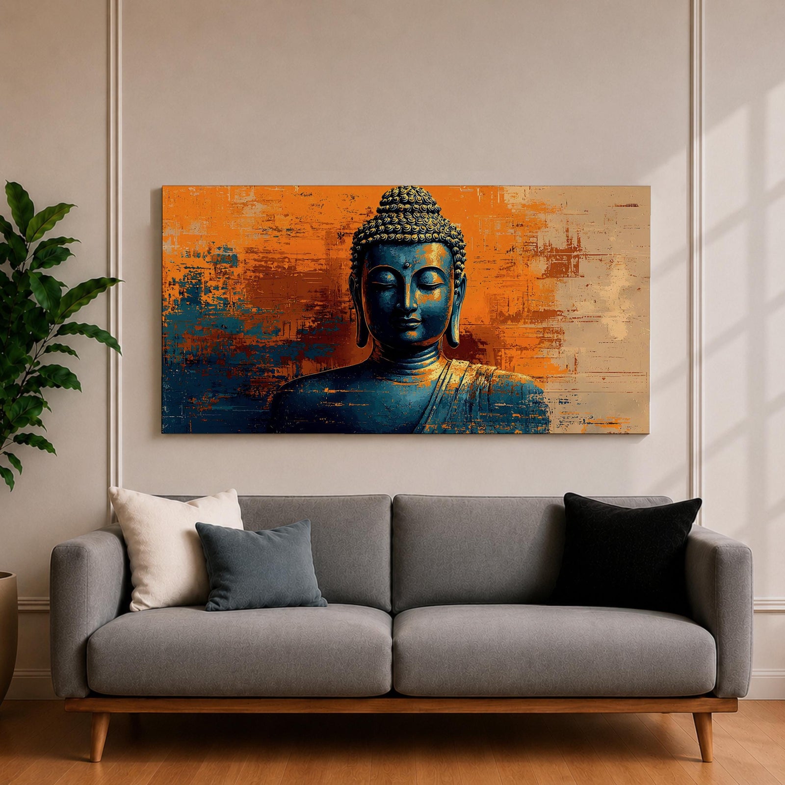 Panoramic artwork depicting a serene Buddha portrait with closed eyes and calm expression against a textured abstract background. Deep blue tones define the figure while bold orange and gold brushstrokes create contrast around the head and shoulders, emphasizing a tranquil meditative presence.
