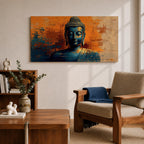 Panoramic artwork depicting a serene Buddha portrait with closed eyes and calm expression against a textured abstract background. Deep blue tones define the figure while bold orange and gold brushstrokes create contrast around the head and shoulders, emphasizing a tranquil meditative presence.