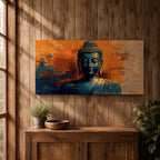 Panoramic artwork depicting a serene Buddha portrait with closed eyes and calm expression against a textured abstract background. Deep blue tones define the figure while bold orange and gold brushstrokes create contrast around the head and shoulders, emphasizing a tranquil meditative presence.
