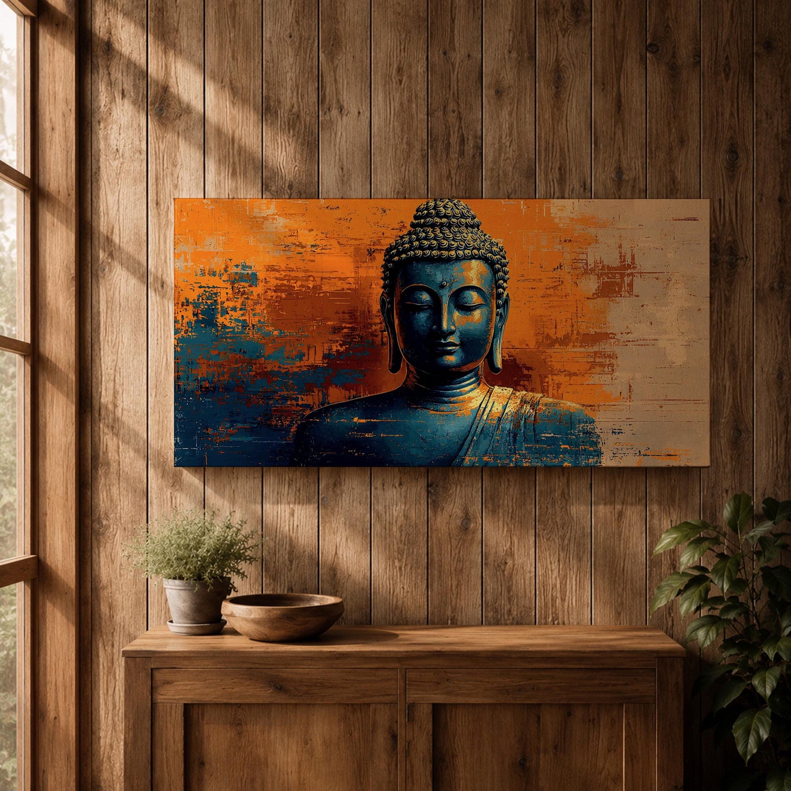 Panoramic artwork depicting a serene Buddha portrait with closed eyes and calm expression against a textured abstract background. Deep blue tones define the figure while bold orange and gold brushstrokes create contrast around the head and shoulders, emphasizing a tranquil meditative presence.