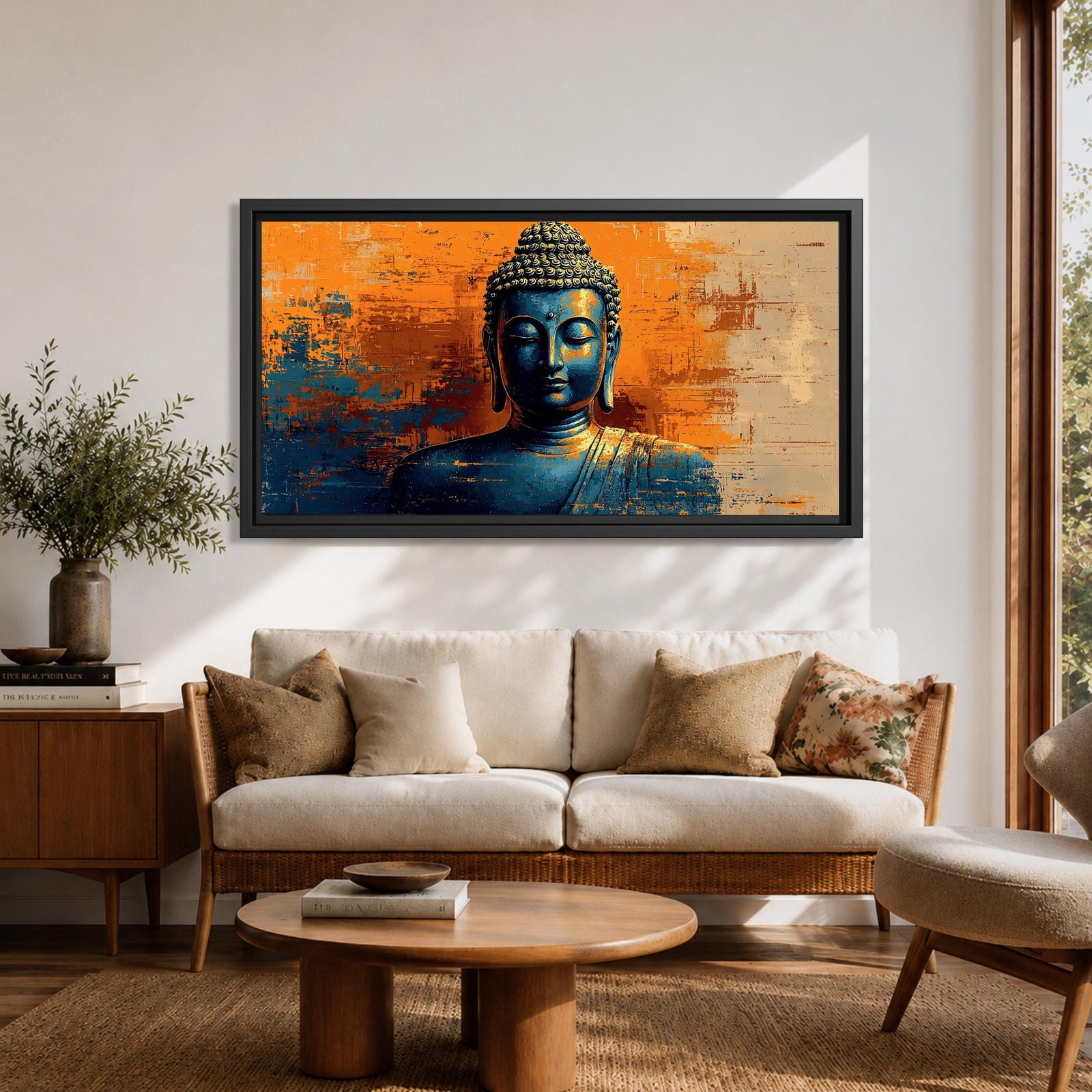 Panoramic artwork depicting a serene Buddha portrait with closed eyes and calm expression against a textured abstract background. Deep blue tones define the figure while bold orange and gold brushstrokes create contrast around the head and shoulders, emphasizing a tranquil meditative presence.