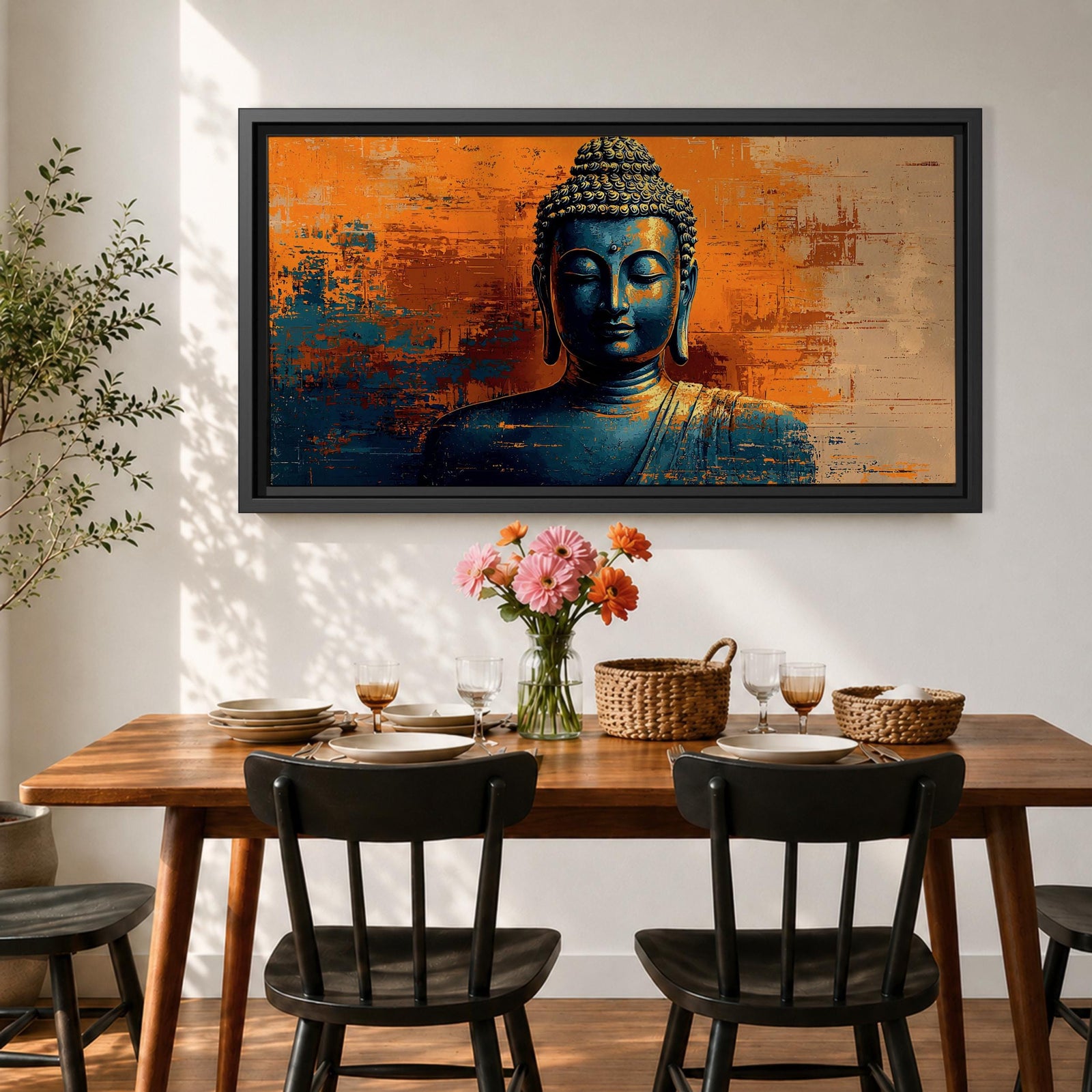Panoramic artwork depicting a serene Buddha portrait with closed eyes and calm expression against a textured abstract background. Deep blue tones define the figure while bold orange and gold brushstrokes create contrast around the head and shoulders, emphasizing a tranquil meditative presence.