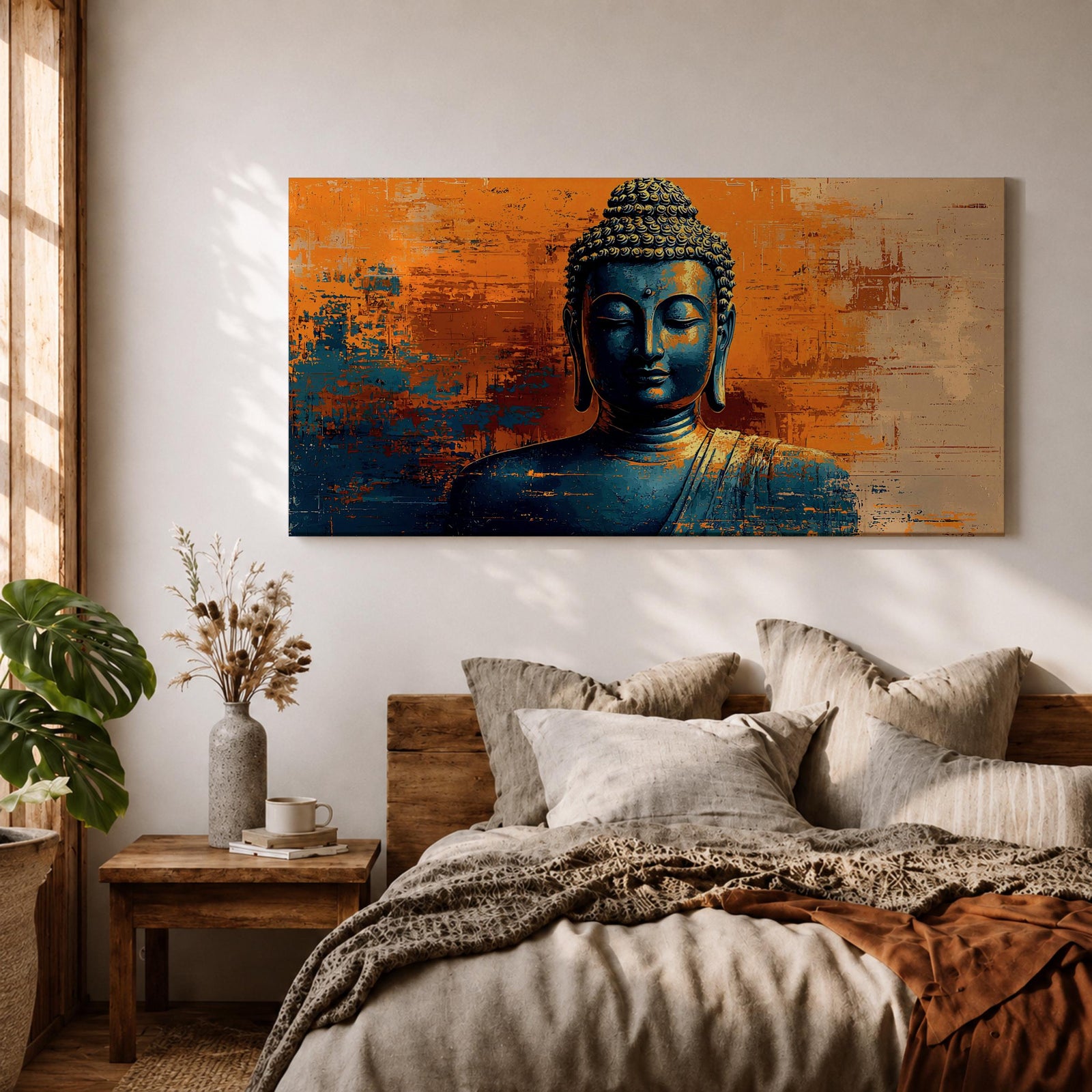 Panoramic artwork depicting a serene Buddha portrait with closed eyes and calm expression against a textured abstract background. Deep blue tones define the figure while bold orange and gold brushstrokes create contrast around the head and shoulders, emphasizing a tranquil meditative presence.