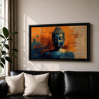 Panoramic artwork depicting a serene Buddha portrait with closed eyes and calm expression against a textured abstract background. Deep blue tones define the figure while bold orange and gold brushstrokes create contrast around the head and shoulders, emphasizing a tranquil meditative presence.