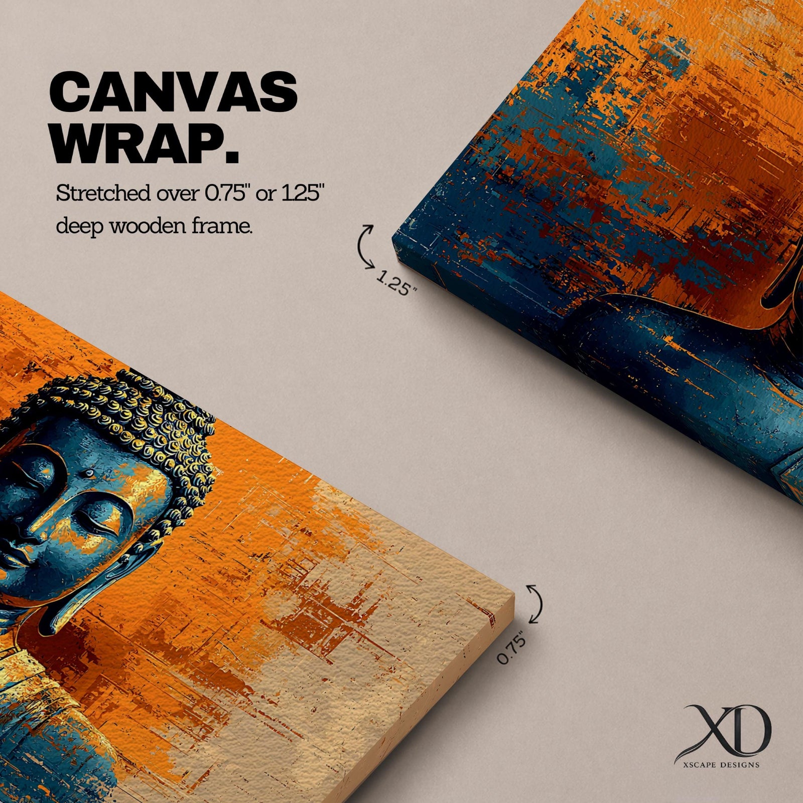 Panoramic artwork depicting a serene Buddha portrait with closed eyes and calm expression against a textured abstract background. Deep blue tones define the figure while bold orange and gold brushstrokes create contrast around the head and shoulders, emphasizing a tranquil meditative presence.