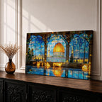 Panoramic artwork depicting the Dome of the Rock with its golden dome rising above detailed blue tiled architecture. The scene is framed by large stone arches and stained glass panels while sunlight reflects across the floor, highlighting the historic Jerusalem landmark beneath a bright sky.