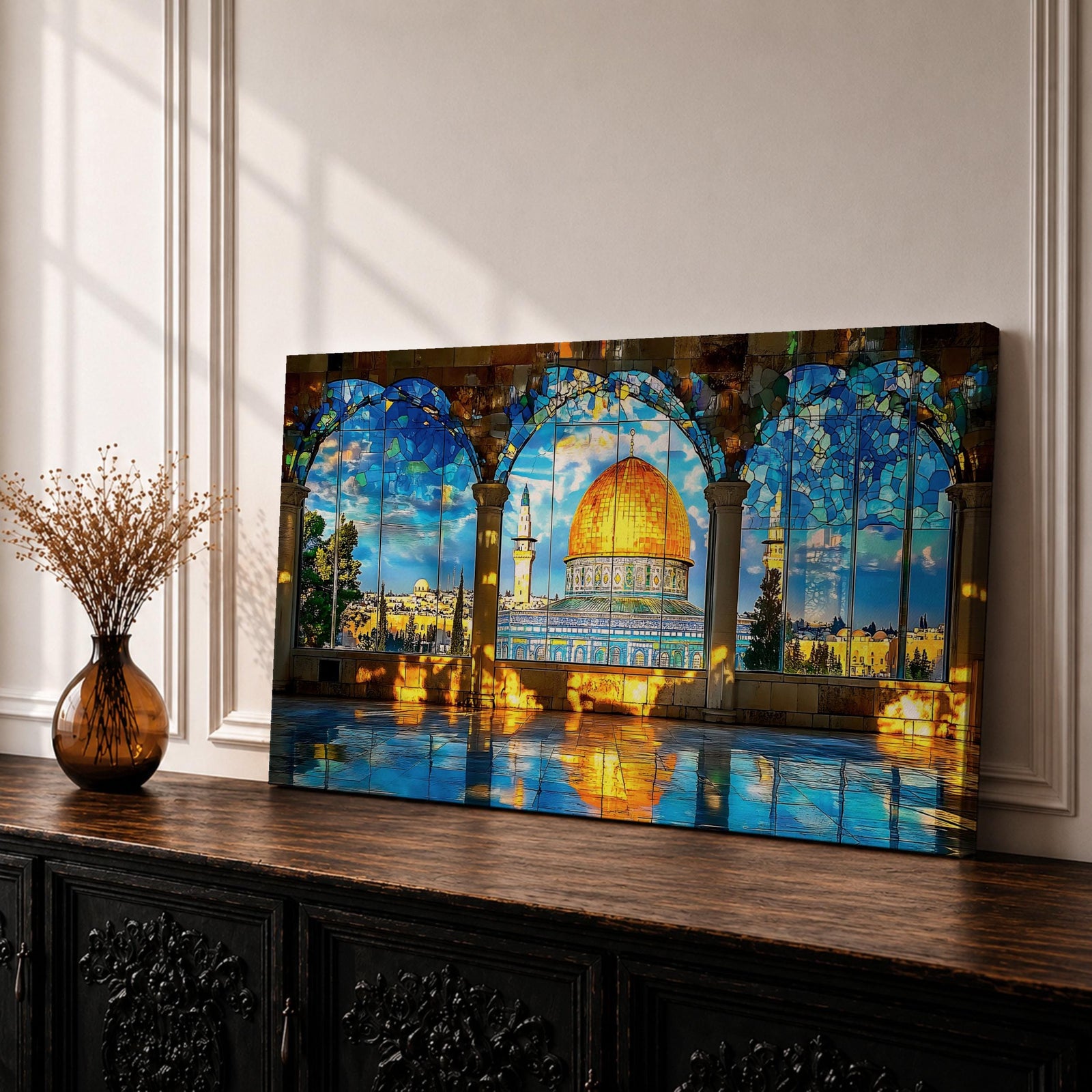 Panoramic artwork depicting the Dome of the Rock with its golden dome rising above detailed blue tiled architecture. The scene is framed by large stone arches and stained glass panels while sunlight reflects across the floor, highlighting the historic Jerusalem landmark beneath a bright sky.