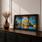 Panoramic artwork depicting the Dome of the Rock with its golden dome rising above detailed blue tiled architecture. The scene is framed by large stone arches and stained glass panels while sunlight reflects across the floor, highlighting the historic Jerusalem landmark beneath a bright sky.