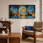 Panoramic artwork depicting the Dome of the Rock with its golden dome rising above detailed blue tiled architecture. The scene is framed by large stone arches and stained glass panels while sunlight reflects across the floor, highlighting the historic Jerusalem landmark beneath a bright sky.