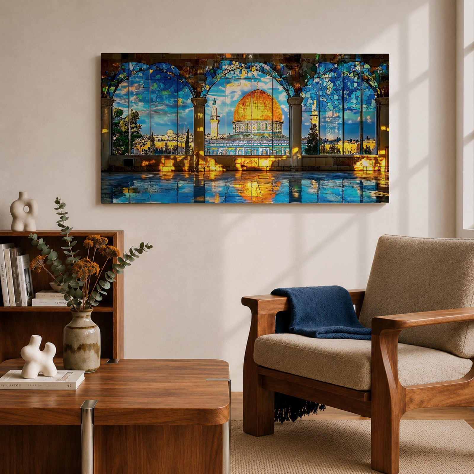 Panoramic artwork depicting the Dome of the Rock with its golden dome rising above detailed blue tiled architecture. The scene is framed by large stone arches and stained glass panels while sunlight reflects across the floor, highlighting the historic Jerusalem landmark beneath a bright sky.