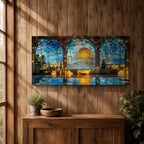 Panoramic artwork depicting the Dome of the Rock with its golden dome rising above detailed blue tiled architecture. The scene is framed by large stone arches and stained glass panels while sunlight reflects across the floor, highlighting the historic Jerusalem landmark beneath a bright sky.