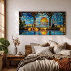 Panoramic artwork depicting the Dome of the Rock with its golden dome rising above detailed blue tiled architecture. The scene is framed by large stone arches and stained glass panels while sunlight reflects across the floor, highlighting the historic Jerusalem landmark beneath a bright sky.
